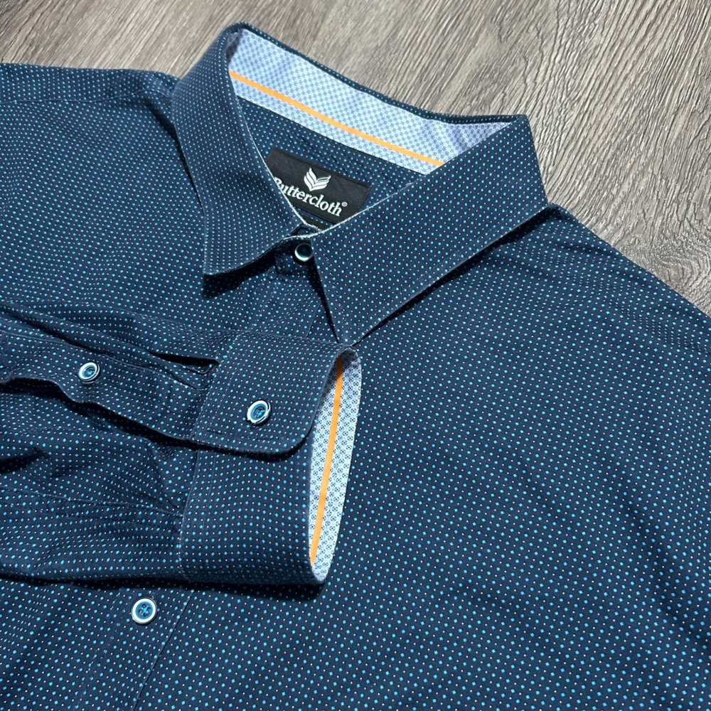 Buttercloth Button Down Shirt 3XL Navy Blue Diamond Regular Fit Stretch (Flaws)